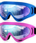 2 Pack Kids Ski And Snowboard Goggles For All Ages Boys And Girls Snow Sports, blue and pink goggles with mountain reflection