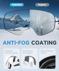 Diagram showing anti-fog coating on OTG Kids Ski Goggles For Boys And Girls Anti Fog Snowboard Goggles Youth with mountain background.