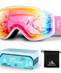 Kids Ski Goggles Anti Fog UV Protection Mirror Lenses For Toddlers Youth Snow, rainbow lens, pink strap, packaging included