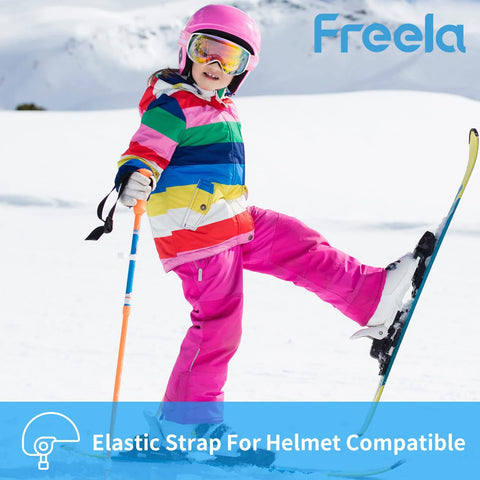 Child skiing in pink and rainbow gear wearing Kids Ski Goggles Anti Fog UV Protection Mirror Lenses For Toddlers Youth Snow.