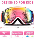 Kids Ski Goggles Anti Fog UV Protection Mirror Lenses For Toddlers Youth Snow with dimensions and features highlighted