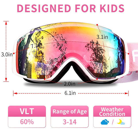 Kids Ski Goggles Anti Fog UV Protection Mirror Lenses For Toddlers Youth Snow with dimensions and features highlighted