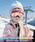Kids wearing ski goggles, UV400 protection, snow mountain background, Kids Ski Goggles For Boys And Girls 3 To 12 With Anti Fog UV400 Protection.