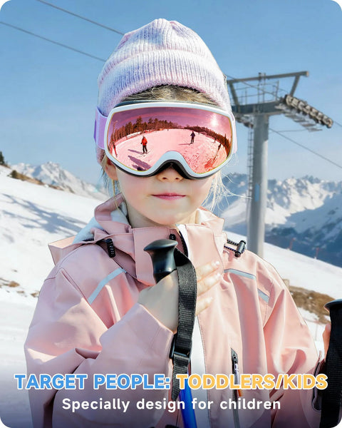 Kids wearing ski goggles, UV400 protection, snow mountain background, Kids Ski Goggles For Boys And Girls 3 To 12 With Anti Fog UV400 Protection.