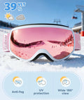 Kids Ski Goggles For Boys And Girls 3 To 12 With Anti Fog UV400 Protection in snow, pink lens, adjustable strap