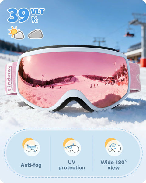 Kids Ski Goggles For Boys And Girls 3 To 12 With Anti Fog UV400 Protection in snow, pink lens, adjustable strap