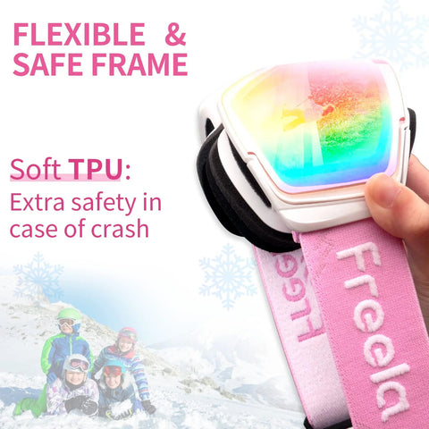 Close-up of Kids Ski Goggles Anti Fog UV Protection Mirror Lenses for Toddlers Youth Snow with flexible soft TPU frame and pink strap.