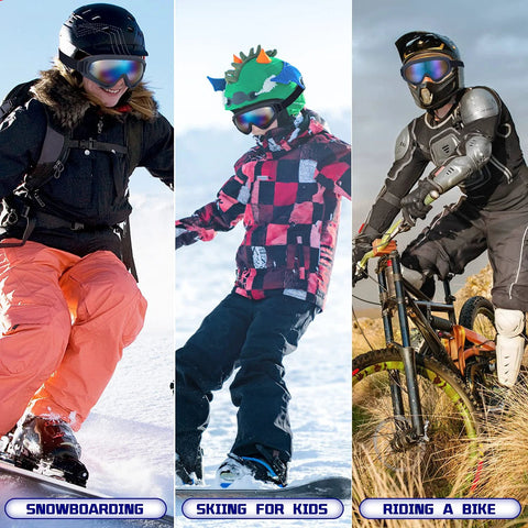 Kids wearing 2 Pack Kids Ski And Snowboard Goggles For All Ages Boys And Girls Snow Sports during snowboarding and skiing activities.