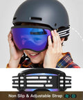 Child wearing Kids Ski Goggles For Boys And Girls Ages 5 To 14 Safe TPU Frame Anti Fog Lenses with adjustable strap
