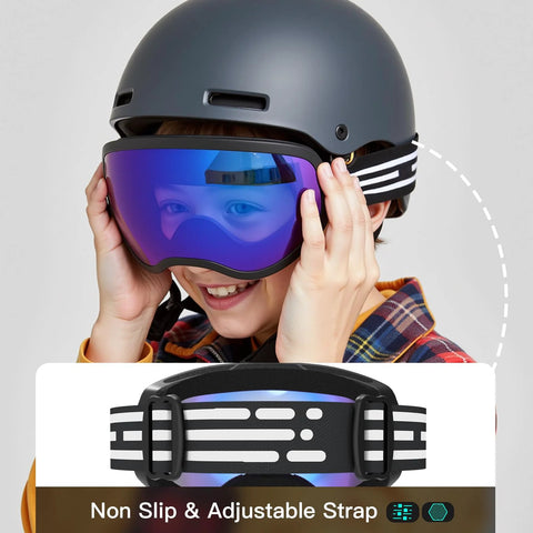 Child wearing Kids Ski Goggles For Boys And Girls Ages 5 To 14 Safe TPU Frame Anti Fog Lenses with adjustable strap