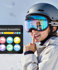 Child wearing Kids Ski Goggles For Boys And Girls Ages 5 To 14 Safe TPU Frame Anti Fog Lenses, helmet compatible, smiling on snowy day