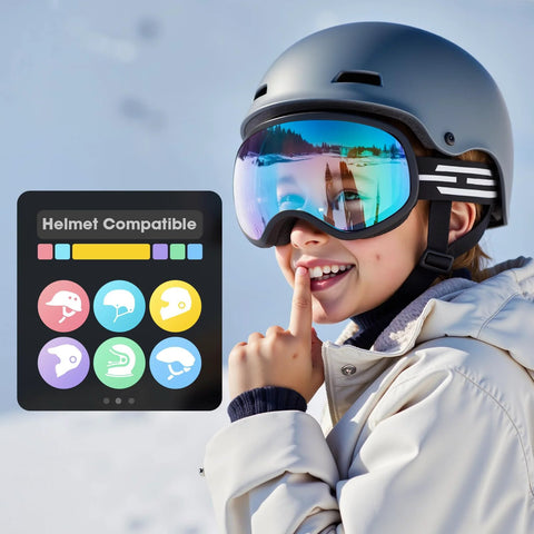 Child wearing Kids Ski Goggles For Boys And Girls Ages 5 To 14 Safe TPU Frame Anti Fog Lenses, helmet compatible, smiling on snowy day
