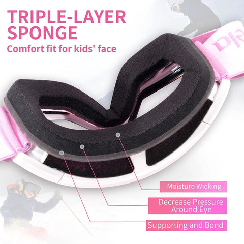 Triple-layer sponge interior of Kids Ski Goggles Anti Fog UV Protection Mirror Lenses For Toddlers Youth Snow with comfort features.