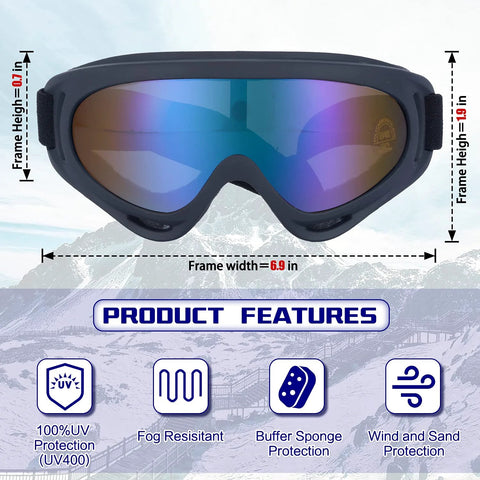 2 Pack Kids Ski And Snowboard Goggles For All Ages Boys And Girls Snow Sports, UV400 protection, fog-resistant features displayed