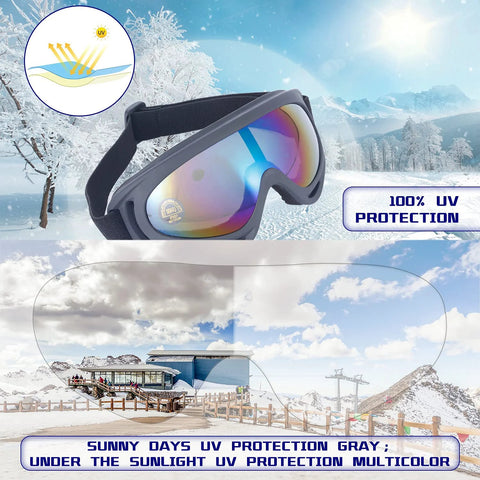 2 Pack Kids Ski And Snowboard Goggles For All Ages Boys And Girls Snow Sports with UV protection on snowy landscape.