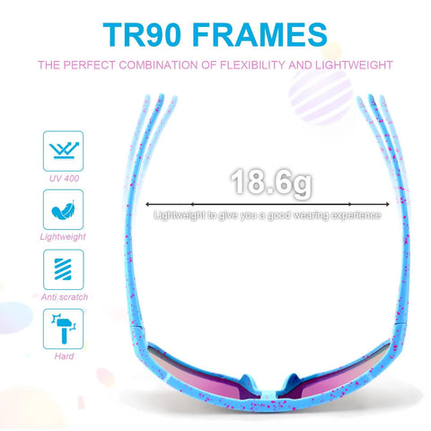 TR90 frames of Three Pack Kids Sunglasses UV400 For Ages 6 To 14 Black Blue White, highlighting flexibility and lightweight design.