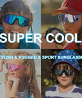Four kids wearing stylish and sporty sunglasses outdoors, showcasing the Three Pack Kids Sunglasses UV400 For Ages 6 To 14 Black Blue White.