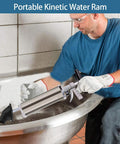 Person using Portable High Pressure Kinetic Toilet Plunger Air Blaster Pump for clogged kitchen sinks and drains.