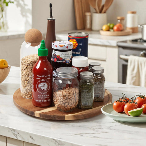 Acacia Wood Lazy Susan Turntable Organizer 8-Inch Round Rotating Serving Tray with spice bottles and condiments on kitchen counter.