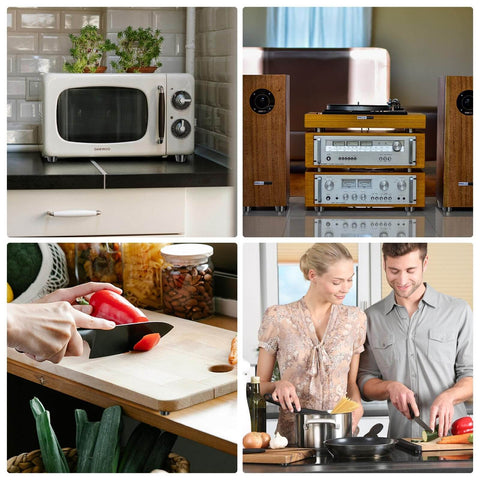 Assorted home scenes featuring a kitchen oven, audio system, cutting board in use, and a couple cooking together.