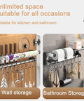 Two views of a Silver 40CM+8Hook Modern Kitchen Utensil Hanger, showcasing wall and bathroom storage applications.