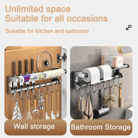Two views of a Silver 40CM+8Hook Modern Kitchen Utensil Hanger, showcasing wall and bathroom storage applications.