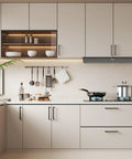 Modern kitchen with 10 Pack 5 Inch Solid Zinc Alloy Cabinet Handles In Black Finish Durable Drawer Pulls, installed on white cupboards