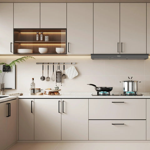 Modern kitchen with 10 Pack 5 Inch Solid Zinc Alloy Cabinet Handles In Black Finish Durable Drawer Pulls, installed on white cupboards