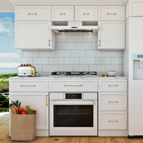 White kitchen with Antique Brass Cabinet Pulls 3 Inch Center 10 Pack Zinc Alloy Handles on drawers and cupboards, featuring a smooth finish.