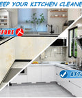 Before and after kitchen image featuring White Cabinet Foot Pull For Trash Can With Touchless Operation, modern kitchen setup.