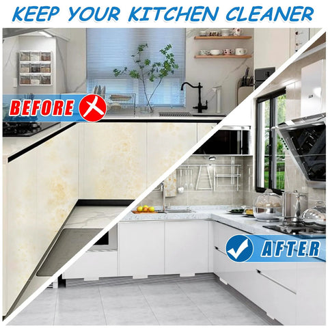 Before and after kitchen image featuring White Cabinet Foot Pull For Trash Can With Touchless Operation, modern kitchen setup.