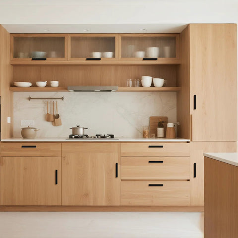 Modern kitchen with light wood cabinets featuring five piece adjustable drawer pulls zinc alloy cabinet handles center to center adjustable.