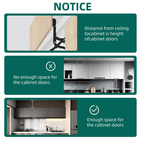 Instructional image showing installation notice for 2PCS Vertical Lift Hinge, highlighting cabinet space requirements for proper fit.