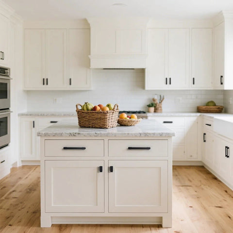 Kitchen with Matte Black Cabinet Handles 5 Inch 128mm Hole Centers Solid Zinc Alloy Drawer Pulls on white cabinets.