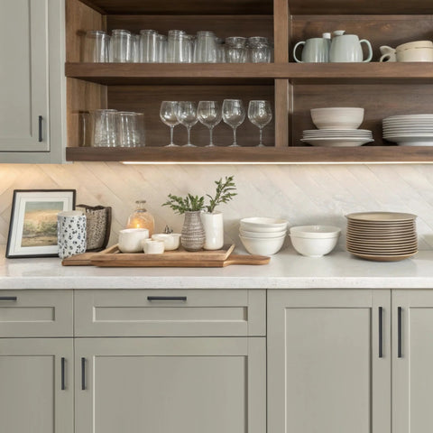 Stylish kitchen with 30 Pack Cabinet Pulls Slim Square Bar 3 Inch Hole Center Matte Black, smooth drawers and modern decor.