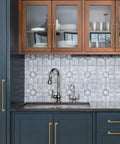 Set Of 6 5 Inch Center To Center SleekTouch Champagne Bronze Cabinet Pulls on navy kitchen cabinets with marble countertop