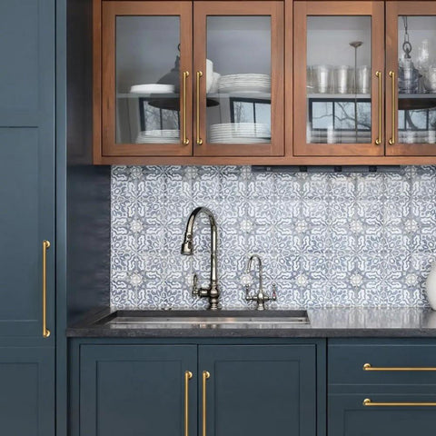 Set Of 6 5 Inch Center To Center SleekTouch Champagne Bronze Cabinet Pulls on navy kitchen cabinets with marble countertop