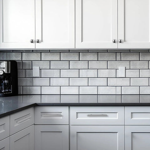 Close-up of kitchen showing 30 Piece Stainless Steel Cabinet Pulls And Knobs Set In Silver Matte Finish Includes 15 Cabinet Pulls And 15 Round Knobs