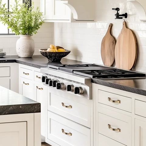 Modern kitchen with white cabinets featuring 10 Pack Brushed Brass Cabinet Pulls 3 Inch Hole Center 4.4 Inch Overall Length Gold Finish Handles.