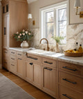 Kitchen with wooden cabinets featuring 20-Pack Matte Black Cabinet Knobs For Kitchen Cabinets And Drawers, Solid Zinc Alloy with brushed finish.