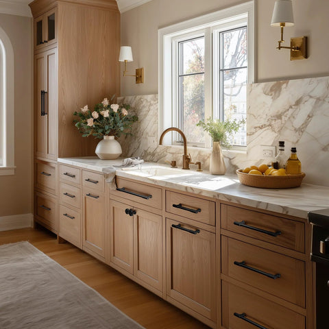 Kitchen with wooden cabinets featuring 20-Pack Matte Black Cabinet Knobs For Kitchen Cabinets And Drawers, Solid Zinc Alloy with brushed finish.