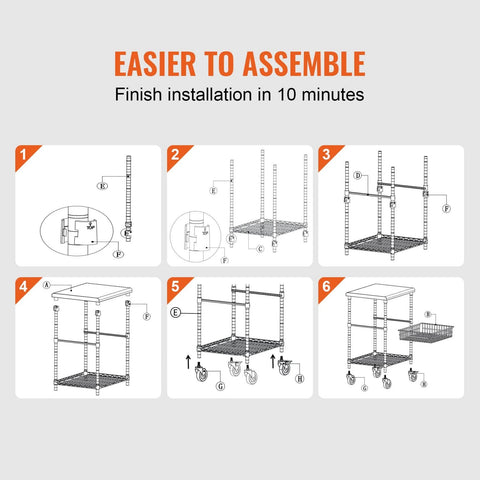 Assembly instructions for Heavy Duty Kitchen Utility Cart With Three Tiers And 470 Lb Capacity, step-by-step guide shown.