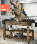 Wooden kitchen island with heavy-duty design, holding an elephant to demonstrate high load capacity on caster wheels.