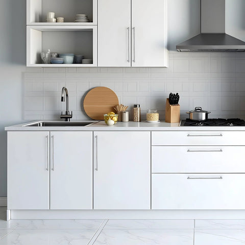 Modern kitchen with 20 Pack Solid Chrome Cabinet Drawer Pulls For Kitchen Cupboards With 13-1/2 Inch Total Length, Zinc Alloy Handles