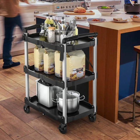 Foldable Utility Cart On Wheels For Home Garage Office Or Restaurant With 3 Tier And 360 Degree Swivel Wheels Brakes On Two No Assembly Required 240 LBS Capacity Collapsible Rolling Cart By YITAHOME in kitchen setting
