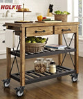 Wooden kitchen cart on 4 Inch Total Locking Stem Caster Wheels Heavy Duty Swivel Castors with 3/8 Inch threaded stem, holding fruits and jars.
