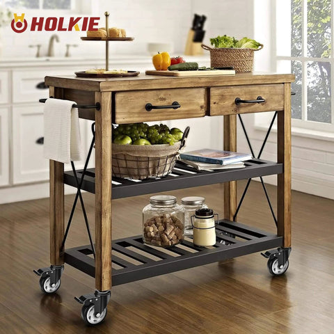 Wooden kitchen cart on 4 Inch Total Locking Stem Caster Wheels Heavy Duty Swivel Castors with 3/8 Inch threaded stem, holding fruits and jars.
