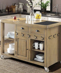 Kitchen island with wooden finish on transparent three inch swivel casters without brakes for furniture, showing kitchenware and decor items.