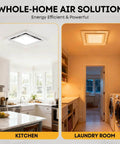 Bathroom Exhaust Fan With Light, 12 Inch Ultra Quiet 1.0 Sones, 140 CFM, 1200 Lumen, 5 CCT, Ceiling Mount, 10x10 Opening, shown installed in kitchen and laundry room.
