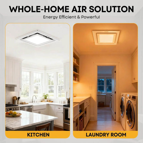 Bathroom Exhaust Fan With Light, 12 Inch Ultra Quiet 1.0 Sones, 140 CFM, 1200 Lumen, 5 CCT, Ceiling Mount, 10x10 Opening, shown installed in kitchen and laundry room.